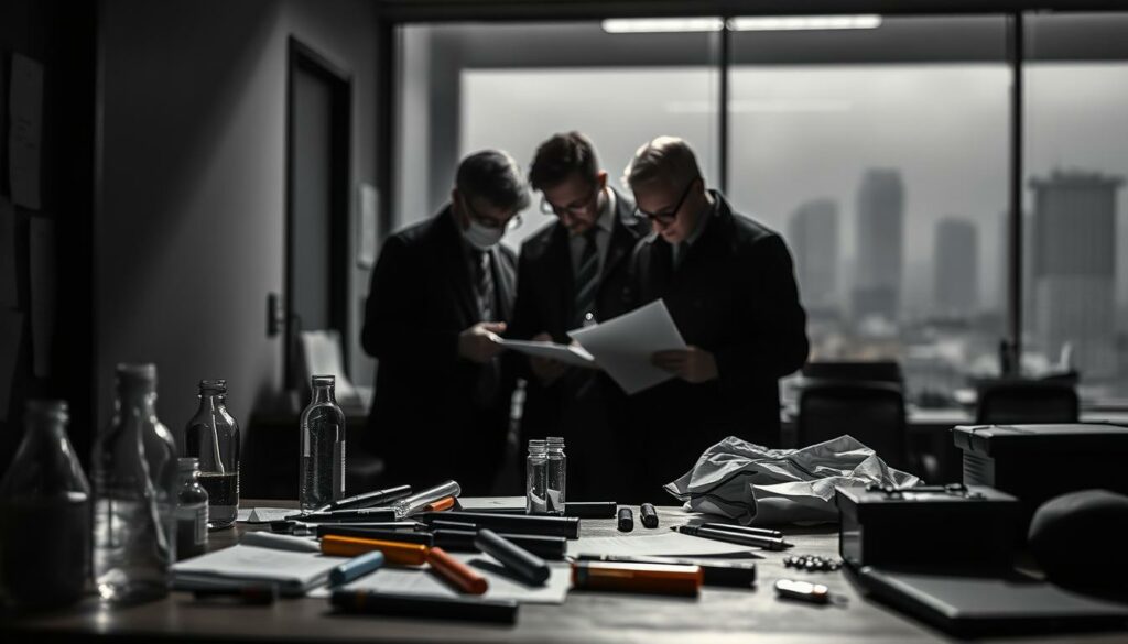A police investigation scene, with officers examining evidence and clues. A dimly lit room, illuminated by soft, directional lighting that casts dramatic shadows. In the foreground, a table with a variety of forensic tools and samples, hinting at the meticulous process of gathering information. In the middle ground, two detectives poring over documents, deep in concentration. The background is slightly blurred, but suggests the broader context of the investigation - perhaps a cityscape or office setting, rendered in muted tones. The overall mood is one of focus, intensity, and the methodical pursuit of the truth, captured in a black and white palette with subtle pops of color highlighting key elements.