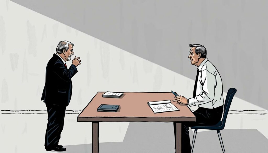 A political discussion on Bürgergeld reforms, set against a muted, monochromatic backdrop with strategic pops of color. In the foreground, two figures engage in heated debate, their body language and facial expressions conveying the intensity of the dialogue. The middle ground features a table with documents and reference materials, hinting at the complex policy considerations at play. The background is subtly textured, evoking a sense of the institutional setting, perhaps a government office or conference room. The lighting is dramatic, creating deep shadows and highlights that accentuate the gravity of the scene. Rendered in a precise, illustrative style with a limited color palette, the image captures the essence of the political discourse surrounding the Bürgergeld reforms.
