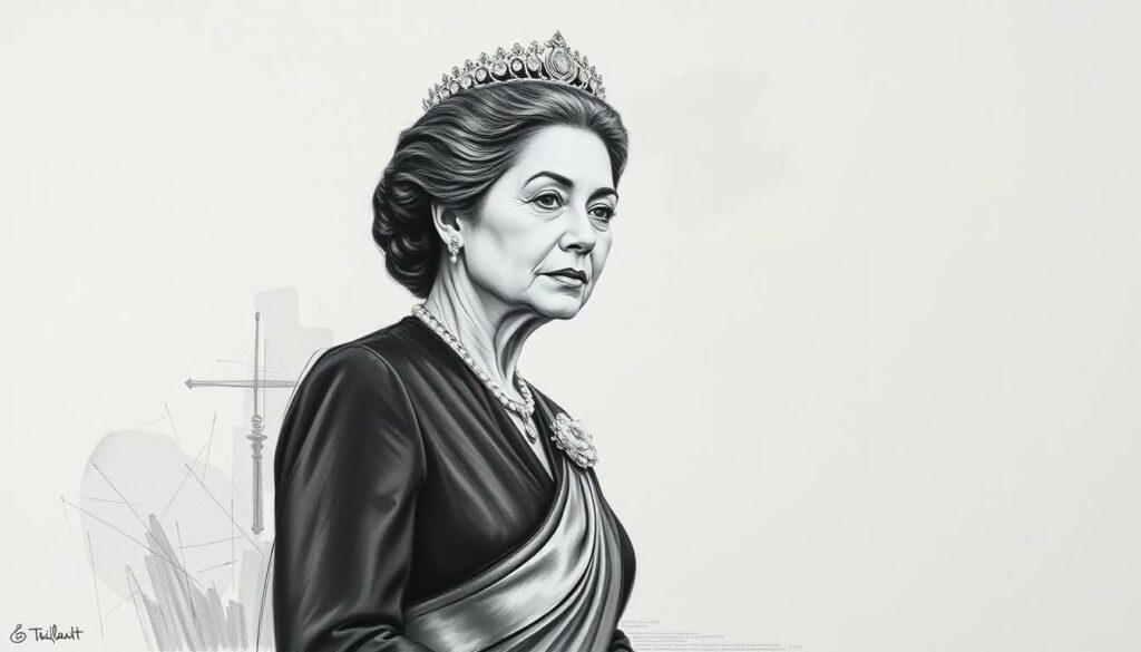 A portrait of Queen Sirikit, the revered queen of Thailand, standing tall and graceful, her elegant posture commanding attention. The scene captures her lifetime of dedicated service, depicted in a somber, monochromatic palette with subtle hints of color that accentuate her regal bearing. The composition features a detailed, pencil-sketch-like rendering of her face, conveying a sense of introspection and quiet strength. In the background, abstract shapes and brushstrokes suggest the tapestry of her life's work, interwoven with the vibrant culture and history of the Thai nation she has faithfully served. A portrait of Queen Sirikit, the revered queen of Thailand, standing tall and graceful, her elegant posture commanding attention. The scene captures her lifetime of dedicated service, depicted in a somber, monochromatic palette with subtle hints of color that accentuate her regal bearing. The composition features a detailed, pencil-sketch-like rendering of her face, conveying a sense of introspection and quiet strength. In the background, abstract shapes and brushstrokes suggest the tapestry of her life's work, interwoven with the vibrant culture and history of the Thai nation she has faithfully served.