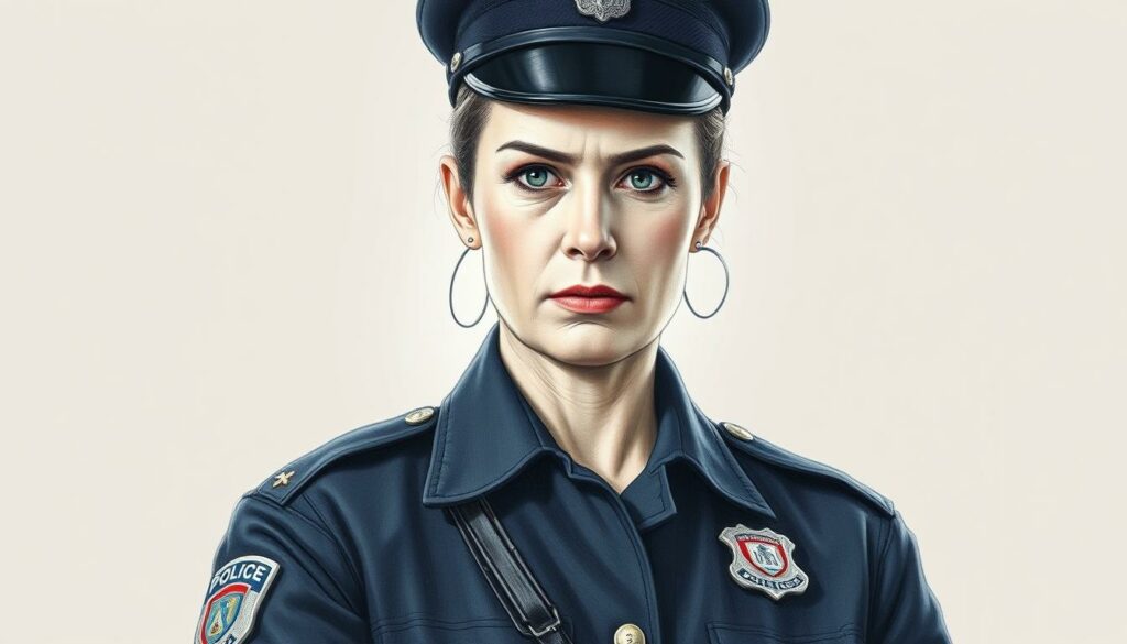 A portrait of a determined Polizistin Nina Sieveking, her face illuminated by a soft, directional light. Her uniform is meticulously detailed, with the police badge and buttons standing out in subtle color against the muted tones. The background is slightly blurred, placing the focus on her stern yet compassionate expression, conveying the weight of her duties. The image has a sense of solemnity and professionalism, reflecting her dedicated service over the past nine years. Pencil-sketched with precise lines and punctuated by strategic pops of color, the portrait captures the essence of this public servant.