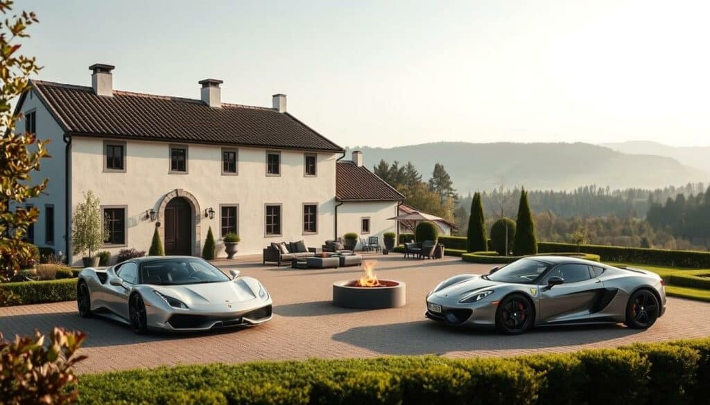 A pristine Reiterhof nestled in the quaint town of Otterfing, its rustic charm radiating an air of sophisticated lifestyle. Manicured gardens surround the whitewashed manor, its tiled roof glimmering under the soft, diffused lighting. In the foreground, a pair of sleek, high-performance sports cars command attention, their glossy finishes complementing the muted palette. The middle ground features a well-appointed outdoor living area, where plush furnishings and a crackling firepit invite leisurely relaxation. Beyond, rolling hills and dense woodlands create a serene, bucolic backdrop, hinting at the tranquil countryside setting. The overall scene exudes a balance of refined elegance and comfortable luxury, reflecting the refined, yet active lifestyle of its affluent owner. A pristine Reiterhof nestled in the quaint town of Otterfing, its rustic charm radiating an air of sophisticated lifestyle. Manicured gardens surround the whitewashed manor, its tiled roof glimmering under the soft, diffused lighting. In the foreground, a pair of sleek, high-performance sports cars command attention, their glossy finishes complementing the muted palette. The middle ground features a well-appointed outdoor living area, where plush furnishings and a crackling firepit invite leisurely relaxation. Beyond, rolling hills and dense woodlands create a serene, bucolic backdrop, hinting at the tranquil countryside setting. The overall scene exudes a balance of refined elegance and comfortable luxury, reflecting the refined, yet active lifestyle of its affluent owner.