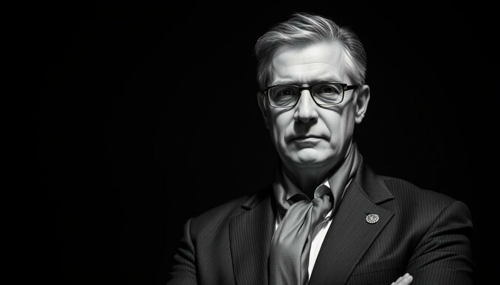A professional politician stands confidently, dressed in a sharp, monochrome business attire with subtle pops of color, such as a silk scarf or a lapel pin. The subject's gaze is direct, conveying a sense of authority and determination. The lighting is dramatic, creating strong shadows and highlights that accentuate the subject's features. The background is a blurred, minimalist scene, allowing the subject to be the focal point. The overall impression is one of a seasoned, accomplished leader, ready to take on the challenges of a political career.