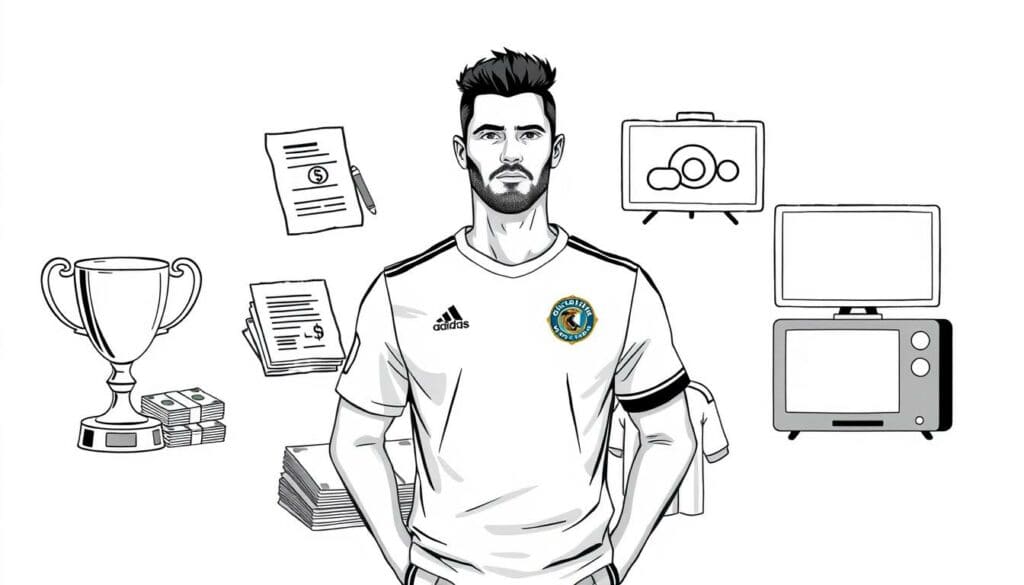 A professional soccer player standing confidently, surrounded by various income sources depicted as simple icons - a trophy, a stack of cash, a contract, a television, and a branded jersey. The scene is rendered in a stylized black and white illustration with subtle pops of color to highlight the key elements, creating a clean and modern aesthetic. The lighting is soft and diffused, emphasizing the player's focused expression and the significance of his diverse revenue streams. The background is minimalist, allowing the central figure and the conceptual income sources to take center stage, reflecting the article's focus on the wealth and earnings of the featured athlete. A professional soccer player standing confidently, surrounded by various income sources depicted as simple icons - a trophy, a stack of cash, a contract, a television, and a branded jersey. The scene is rendered in a stylized black and white illustration with subtle pops of color to highlight the key elements, creating a clean and modern aesthetic. The lighting is soft and diffused, emphasizing the player's focused expression and the significance of his diverse revenue streams. The background is minimalist, allowing the central figure and the conceptual income sources to take center stage, reflecting the article's focus on the wealth and earnings of the featured athlete.