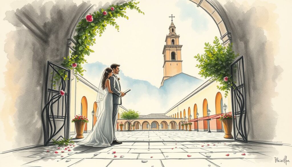 A romantic wedding on the picturesque island of Mallorca, captured in a charcoal sketch with vibrant pops of color. In the foreground, a couple exchanging vows beneath a lush, vine-covered archway, their faces alight with joy. The middle ground reveals a sun-drenched courtyard, adorned with delicate flower petals scattered across the stone tiles. In the distance, the iconic silhouette of a historic church tower stands against a hazy, azure sky. Soft shadows and highlights define the scene, creating a sense of timeless elegance and the bittersweet emotions of a love story's past.