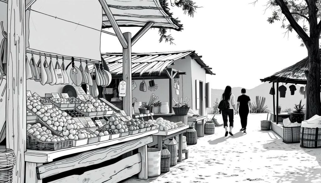 A serene and minimalist scene of a barefoot lifestyle market, with a focus on natural, earthy tones. In the foreground, a wooden stall displays an array of fresh produce, fruits, and artisanal goods, all rendered in a muted black-and-white palette with selective pops of color. In the middle ground, a few customers casually stroll, their silhouettes captured in the natural lighting. The background features a simple, weathered structure with a thatched roof, hinting at the rustic, sustainable nature of this lifestyle market. The overall atmosphere conveys a sense of tranquility, authenticity, and a connection to the land, perfectly encapsulating the essence of the "Barefoot Living Lifestyle" concept. A serene and minimalist scene of a barefoot lifestyle market, with a focus on natural, earthy tones. In the foreground, a wooden stall displays an array of fresh produce, fruits, and artisanal goods, all rendered in a muted black-and-white palette with selective pops of color. In the middle ground, a few customers casually stroll, their silhouettes captured in the natural lighting. The background features a simple, weathered structure with a thatched roof, hinting at the rustic, sustainable nature of this lifestyle market. The overall atmosphere conveys a sense of tranquility, authenticity, and a connection to the land, perfectly encapsulating the essence of the "Barefoot Living Lifestyle" concept.