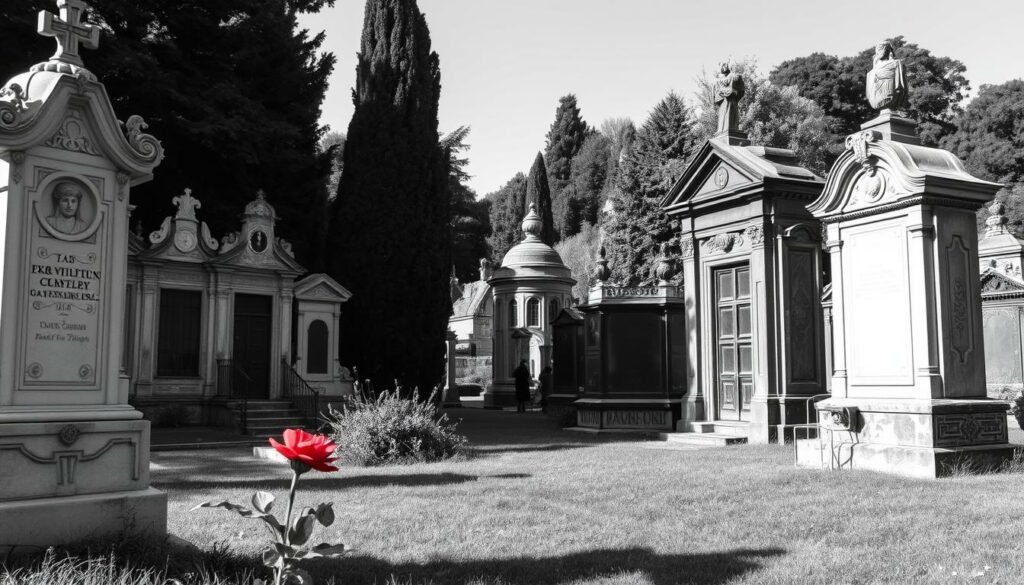 A serene, black-and-white landscape unfolds, revealing the Friedhof Gänsberg, a once-quiet cemetery now transformed into a bustling tourist attraction. The ornate gravestones and mausoleums stand in stark contrast to the lush, verdant surroundings, their intricate details casting delicate shadows across the scene. Pops of color, like the vibrant red of a solitary flower or the gleam of a bronze statue, draw the eye, highlighting the unique character of this once-solemn place. The crisp, clean lines of the architecture and the soft, hazy lighting create a sense of tranquility, belying the throngs of visitors who now flock to this unexpected tourist destination.