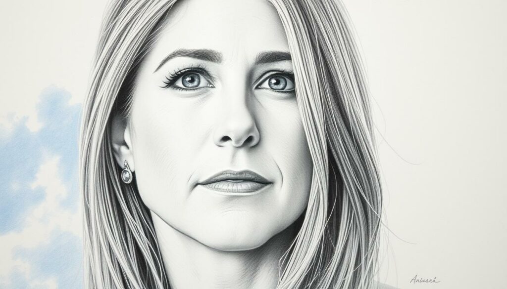 A serene portrait of Jennifer Aniston, her face a study in tranquility. Delicate strokes of graphite capture the soft planes of her features, punctuated by the warm glow of her eyes. The background, a hazy, dreamlike expanse, lends an air of introspection, as if she is lost in contemplation. Subtle hints of color - a vibrant blue, a touch of golden warmth - draw the viewer's gaze, echoing the emotional journey from struggle to peace. The composition is balanced, the lighting atmospheric, inviting the viewer to share in Jennifer's newfound equanimity.