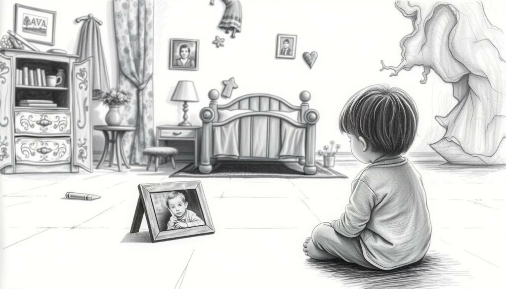 A serene scene of childhood memories, rendered in monochrome pencil with pops of color. In the foreground, a young child sits cross-legged, gazing wistfully at a worn photograph - a window to the past. The middle ground reveals a cozy, nostalgic bedroom, details softly shaded, hinting at the formative years. In the background, abstract shapes and textures evoke the subconscious - the inner landscape of reflections on upbringing. Gentle lighting casts a contemplative mood, as if the viewer is invited to pause and consider the lessons of one's own childhood.