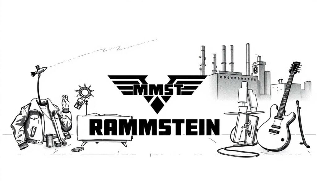 A sleek, modern Rammstein-branded lifestyle, captured in a high-contrast black-and-white sketch with punctual pops of color. In the foreground, a stylized Rammstein logo stands as the centerpiece, its bold typography and geometric design emanating a sense of industrial chic. Surrounding it, various lifestyle accoutrements evoke the band's aesthetic: a leather jacket, spiked wristbands, and a heavy metal-inspired guitar. The middle ground features a minimalist living space, with angular furniture and moody lighting casting dramatic shadows. In the background, architectural elements like stark, angular buildings and industrial smokestacks reinforce the band's dark, powerful imagery. Throughout, the limited color palette of black, white, and strategic splashes of vibrant hues heighten the visual impact, creating a striking, memorable illustration of the Rammstein lifestyle brand.
