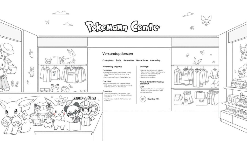 A sleek, modern online storefront for the Pokémon Center, with a minimalist black and white aesthetic. In the foreground, a display of various Pokémon merchandise, meticulously rendered in pencil sketches with splashes of color highlighting key details. The middle ground showcases the "Versandoptionen" section, depicting shipping options and delivery methods in a clear, concise layout. In the background, a clean, uncluttered environment with subtle Pokémon-inspired motifs, creating a cohesive and visually appealing shopping experience.