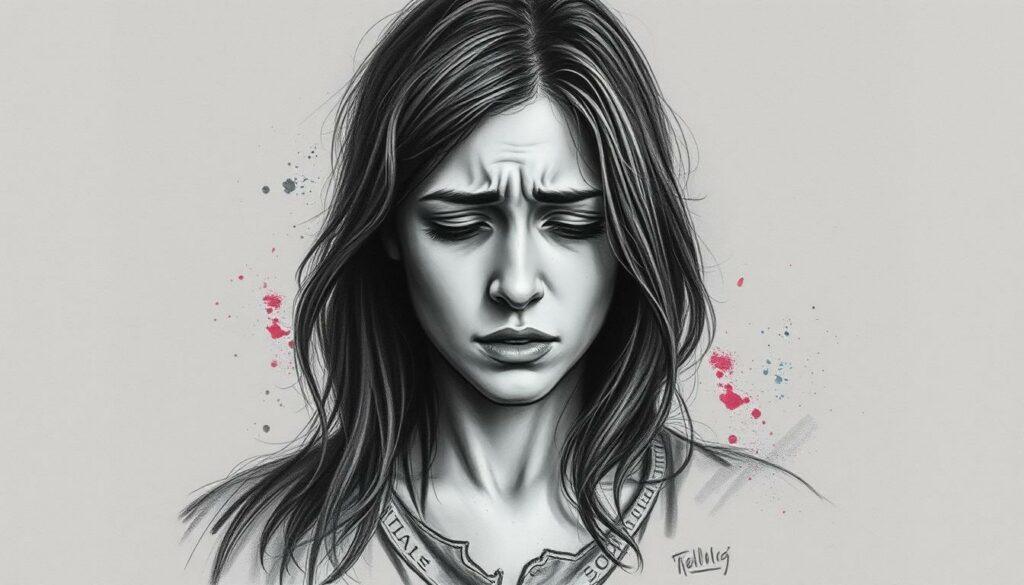 A solemn and somber scene, a woman's face etched with distress, brow furrowed in anguish, eyes downcast, conveying the weight of heavy accusations. Surrounding her, a muted palette of graphite tones, with fleeting splashes of color - a hint of red, a touch of blue - heightening the emotional intensity. The composition is balanced, the figure centered, framed by a simple, minimalist background that focuses the viewer's attention solely on the subject's tormented expression. Soft, diffused lighting casts subtle shadows, adding depth and dimension to the monochromatic scene. An atmosphere of tension and unease pervades, as if the viewer is privy to a private moment of deep personal conflict.