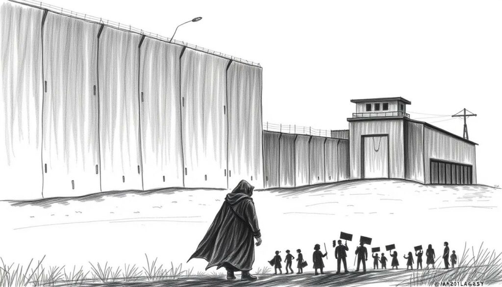 A solemn, monochromatic scene of a towering, imposing prison wall, its stark facade casting long shadows across a desolate landscape. In the foreground, a solitary figure stands, shrouded in a somber, contemplative pose, their expression conveying the weight of the ongoing debate surrounding the death penalty in the United States. The middle ground is punctuated by the silhouettes of protesters, their placards and banners hinting at the passionate arguments on both sides of this contentious issue. In the distance, the grim outline of a gallows or electric chair looms, a stark reminder of the gravity of the decisions at hand. The scene is rendered in a stark, pencil-sketch style, with splashes of color highlighting the gravity and complexity of the "Todesstrafe Kontroverse".