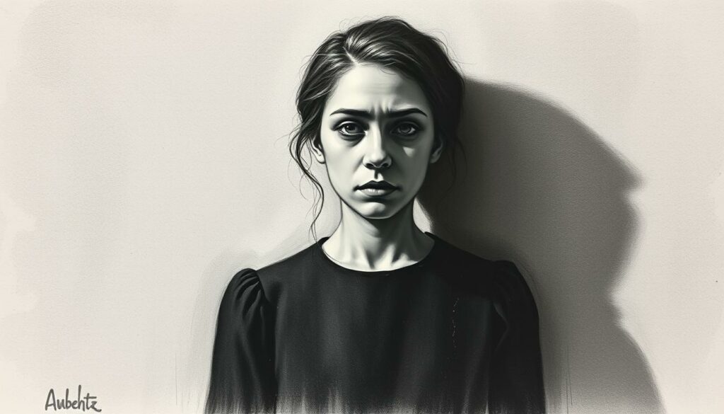 A solitary figure, Wanda Perdelwitz, stands in a dimly lit room, her face etched with profound sorrow. Shadows cast by a single spotlight create an air of somber reflection, accentuating the pensive gaze and the delicate features rendered in a muted palette of graphite and charcoal. Subtle pops of color, like the faint sheen of a tear or the muted tones of a mourning dress, add depth and emotion to the scene. The composition focuses intently on the subject, isolating her from the world, inviting the viewer to share in the weight of her grief and the palpable sense of loss that permeates the frame.