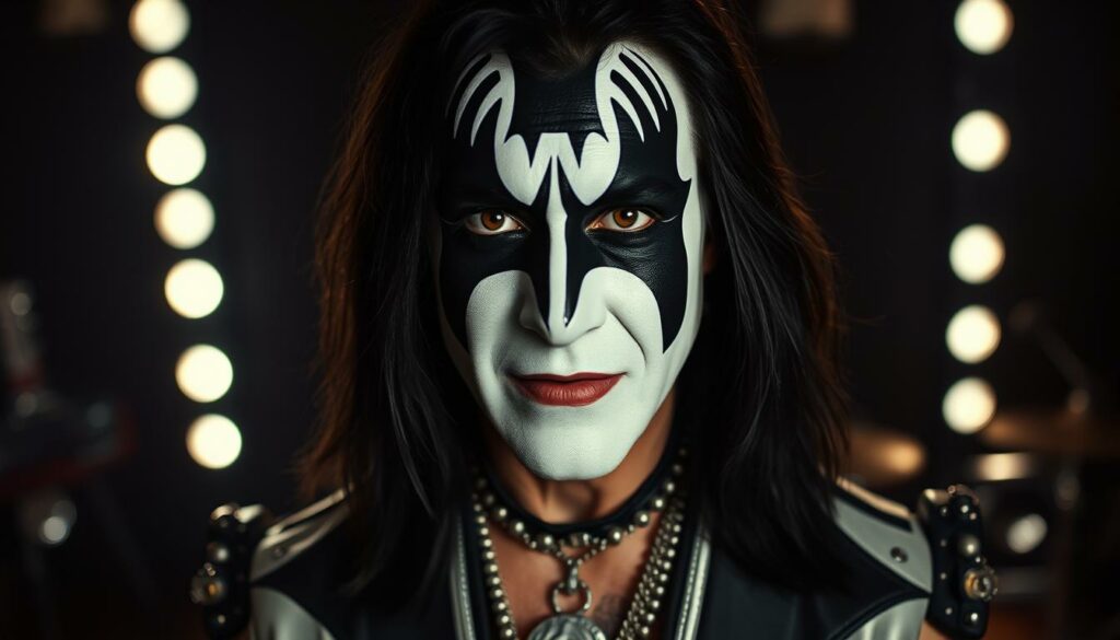A solo career portrait of Ace Frehley, co-founder of the iconic band KISS. Frehley appears in a medium close-up, wearing his signature face paint and black and white attire, with muted colored accents. The lighting is dramatic, casting long shadows and highlighting his intense expression. The background is a dark, moody studio setting, with a hint of musical equipment visible, conveying his lifelong dedication to his craft. The overall atmosphere is one of artistic contemplation, reflecting Frehley's enduring musical legacy and influence.