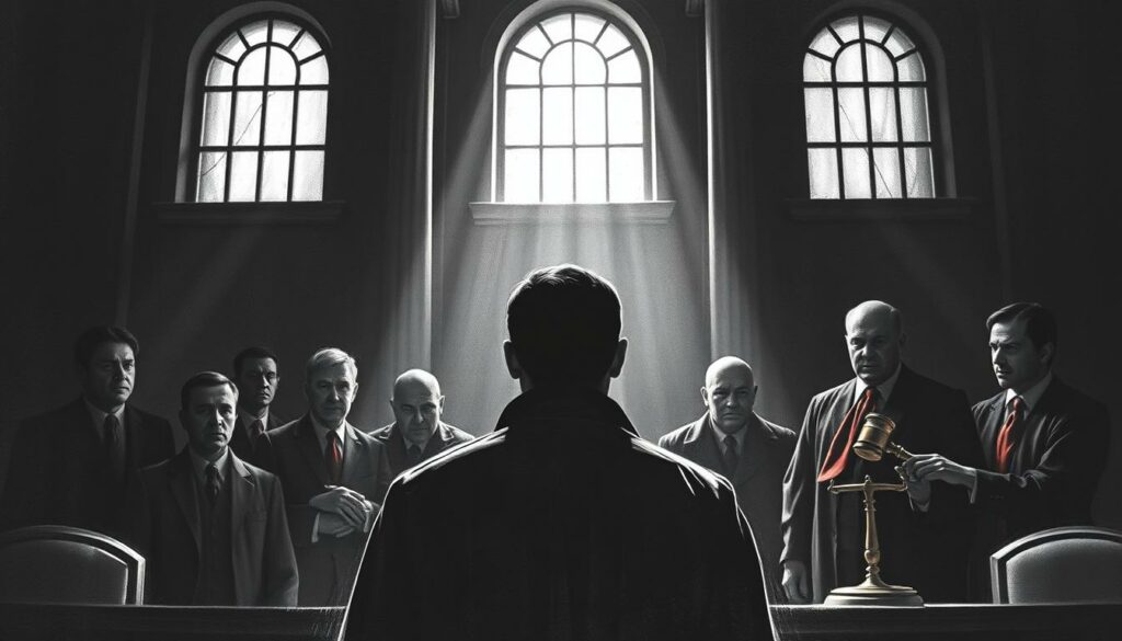 A somber courtroom scene unfolding, the stage set for a grave legal proceeding. Shadows cast by high windows, creating a dramatic chiaroscuro effect. The defendant, face obscured, stands before a panel of stern-faced judges, their expressions etched in shades of gray. Behind them, a looming backdrop of architectural grandeur, columns and arches hinting at the weight of justice. Splashes of color - a crimson robe, a golden gavel - punctuate the otherwise monochromatic tableau, lending gravity to the moment. The air is charged with tension, as if the very walls bear witness to the gravity of the case at hand. A scene of profound consequence, rendered in stark tones that evoke the solemnity of the occasion.