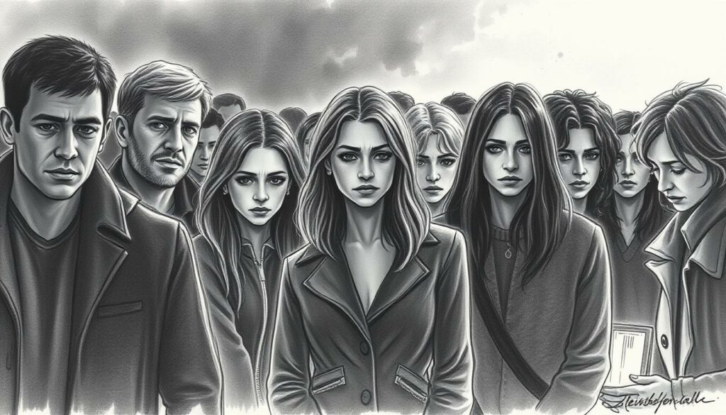 A somber gathering of Trauer Community Reality Stars, their faces etched with grief and heartache. Shadowy figures stand in a dimly lit, monochromatic scene, punctuated by subtle hints of color that draw the eye to their expressions of sorrow. Soft pencil strokes capture the rawness of emotion, as the community comes together to mourn a shared loss, their united front a testament to the bonds that transcend the limelight.