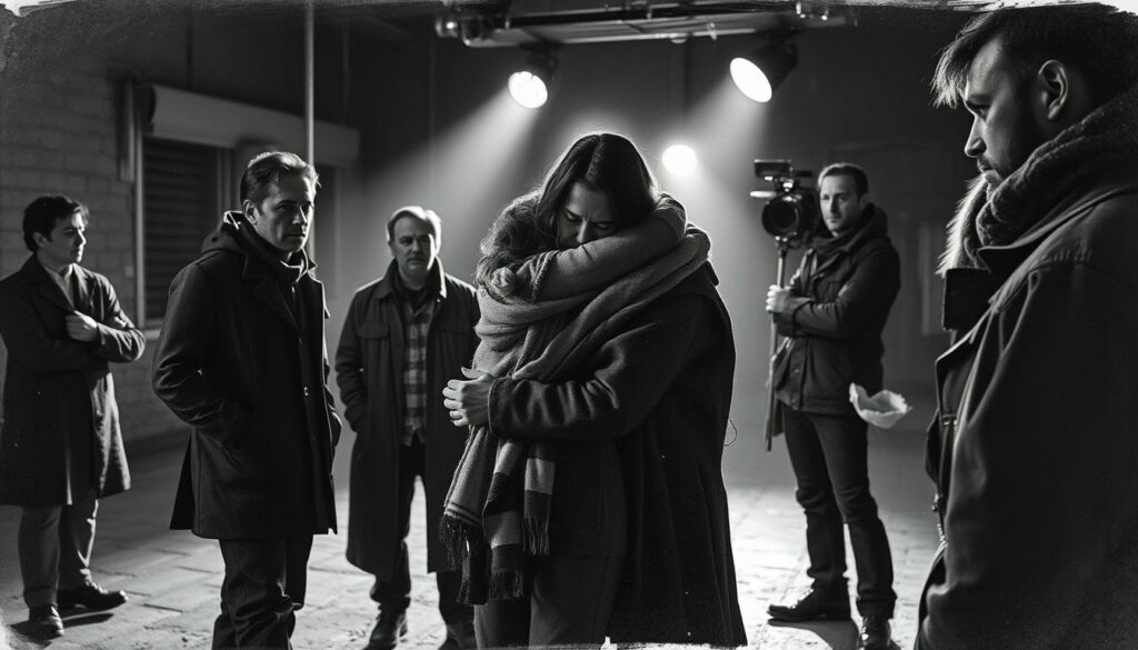 A somber goodbye unfolds on a dimly lit film set. Actors stand in contemplative poses, their faces etched with emotion. Subtle shadows and highlights paint the scene, creating a moody, cinematic atmosphere. In the foreground, a heartfelt embrace as a character parts ways with a beloved colleague. Muted tones of black and white dominate, punctuated by pops of color - a scarf, a flower, a single tear. The camera angles capture the weight of the moment, conveying the gravity of the farewell. Textured brushstrokes lend an artistic, sketch-like quality, inviting the viewer to feel the weight of the final days on set.