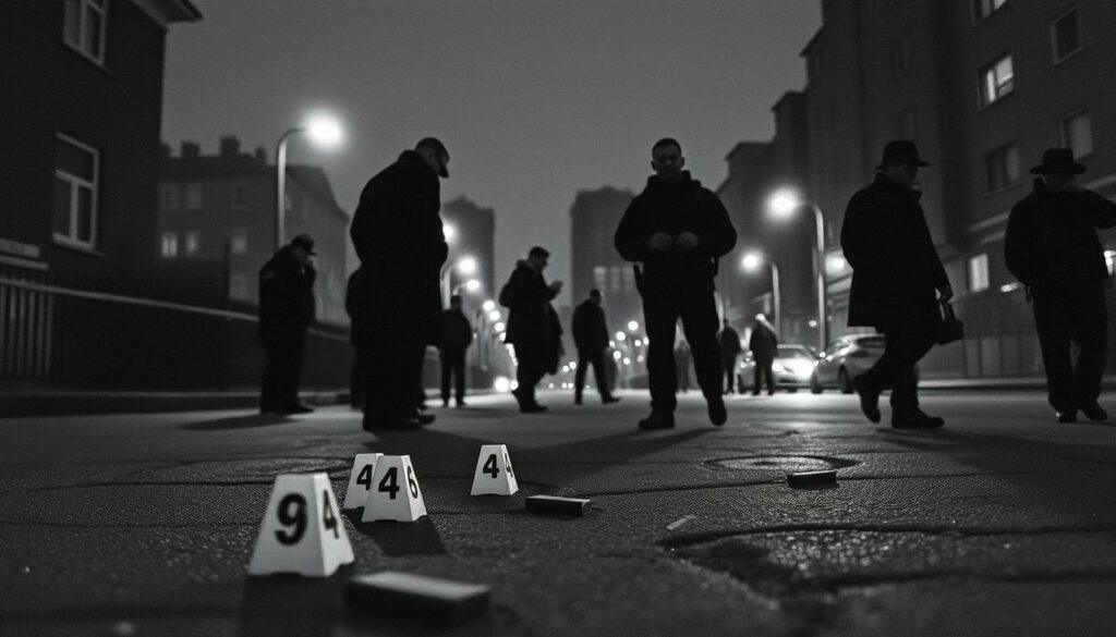A somber scene of a police investigation unfolds, the officers meticulously combing the area, their expressions grave. In the foreground, a handful of crucial evidence markers dot the ground, their bright colors standing out against the muted tones. The middle ground reveals the silhouettes of the law enforcement team, their movements deliberate and purposeful. In the background, a shadowy cityscape sets the stage, the streetlights casting an eerie glow. The image is rendered in a striking black-and-white palette, with only the evidence markers providing a touch of color, drawing the viewer's attention to the critical details. The overall atmosphere is one of seriousness and determination, as the police work diligently to uncover the truth. A somber scene of a police investigation unfolds, the officers meticulously combing the area, their expressions grave. In the foreground, a handful of crucial evidence markers dot the ground, their bright colors standing out against the muted tones. The middle ground reveals the silhouettes of the law enforcement team, their movements deliberate and purposeful. In the background, a shadowy cityscape sets the stage, the streetlights casting an eerie glow. The image is rendered in a striking black-and-white palette, with only the evidence markers providing a touch of color, drawing the viewer's attention to the critical details. The overall atmosphere is one of seriousness and determination, as the police work diligently to uncover the truth.
