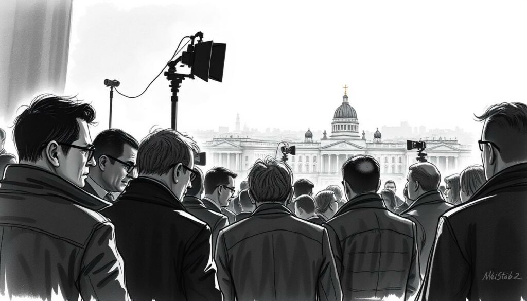 A somber scene of the film industry's reaction to a tragic event, captured in a stark black and white sketch with subtle pops of color. In the foreground, industry figures gather, their expressions pensive, shoulders slumped. In the middle ground, news cameras and microphones capture the moment, while in the background, a cityscape of Berlin stands as a silent witness. The lighting is soft, the mood introspective, as the industry grapples with the unexpected loss. Detailed brushstrokes convey the weight of the moment, while the selective use of color draws the eye to the human elements of this solemn occasion.