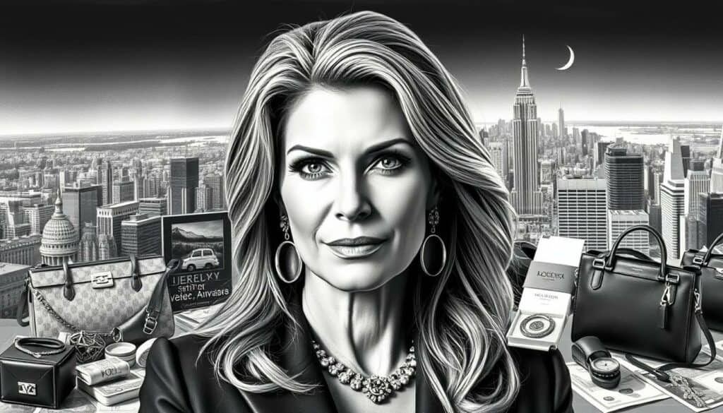 A sophisticated and richly detailed portrait of Heidi Klum, depicting her burgeoning wealth and success. The image is rendered in a striking black-and-white palette, with selective pops of color adding depth and visual interest. Klum is depicted in the foreground, her expression serene and confident, surrounded by a lavish array of luxury items - designer handbags, fine jewelry, and other trappings of her high-net-worth lifestyle. The middle ground features symbols of her multifaceted career - her modeling work, TV appearances, and business ventures. In the background, a panoramic cityscape suggests the global reach and influence of the Heidi Klum brand. The overall composition conveys a sense of Klum's growing financial power and the fruits of her hard-earned success, captured through a lens of artistic sophistication and understated elegance. A sophisticated and richly detailed portrait of Heidi Klum, depicting her burgeoning wealth and success. The image is rendered in a striking black-and-white palette, with selective pops of color adding depth and visual interest. Klum is depicted in the foreground, her expression serene and confident, surrounded by a lavish array of luxury items - designer handbags, fine jewelry, and other trappings of her high-net-worth lifestyle. The middle ground features symbols of her multifaceted career - her modeling work, TV appearances, and business ventures. In the background, a panoramic cityscape suggests the global reach and influence of the Heidi Klum brand. The overall composition conveys a sense of Klum's growing financial power and the fruits of her hard-earned success, captured through a lens of artistic sophistication and understated elegance.