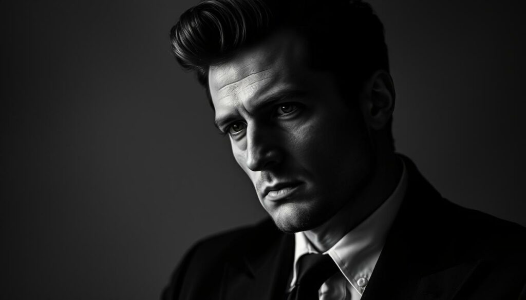 A sophisticated black-and-white portrait of Joe Laschet, the prominent German fashion influencer, captured in a pensive, contemplative pose. The lighting is dramatic, with deep shadows accentuating the chiseled features of his face and the striking contrast of his striking coiffure. In the background, a subtle yet impactful splash of color, perhaps a vibrant crimson or a deep, rich burgundy, adds a touch of sophistication and elegance to the composition. The overall mood is one of refined elegance and understated power, reflecting Laschet's transition from a politician's son to a respected fashion icon.