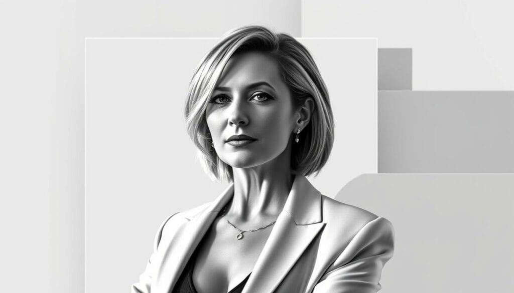 A sophisticated black and white rendering of the famous German singer Helene Fischer, standing confidently against a backdrop of minimalist geometric shapes and subtle color accents. Her expression is serene yet captivating, hinting at the impressive wealth and success she has accumulated by 2025. The lighting is dramatic, casting dramatic shadows that accentuate her features. The overall composition is sleek and modern, reflecting the continued growth and evolution of Helene Fischer's professional and financial standing in the years to come.