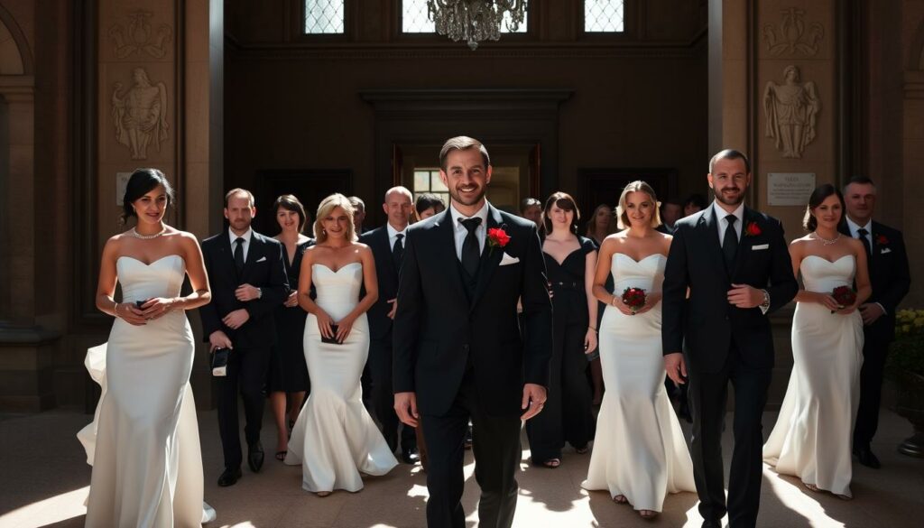 A sophisticated formal wedding with a strict dress code. Guests arrive at a stately manor, their attire meticulously tailored in a monochrome palette of blacks, grays, and whites. Crisp suits, elegant gowns, and striking silhouettes create a disciplined, elegant atmosphere. Subtle pops of color, like a scarlet boutonniere or a sapphire necklace, provide a touch of visual interest. Sunlight filters through tall windows, casting dramatic shadows and illuminating the formal gathering. The scene exudes a sense of occasion, tradition, and high society, befitting the important union being celebrated.