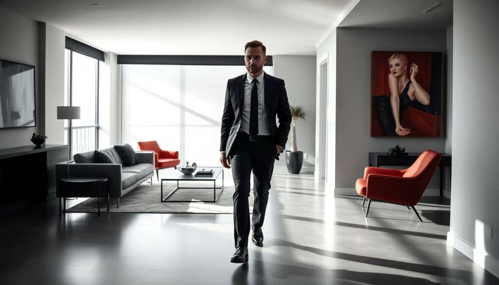 A sophisticated gentleman strolling through a meticulously curated penthouse, surrounded by modern minimalist furnishings and artwork. Soft natural light filters through large windows, casting dramatic shadows. His impeccably tailored suit, in shades of black and grey, complements the monochromatic palette. Subtle pops of color – a red leather armchair, a vibrant abstract painting – add visual interest. The overall atmosphere exudes an air of refined elegance and effortless luxury, reflecting the lifestyle of Harald Schmidt. A sophisticated gentleman strolling through a meticulously curated penthouse, surrounded by modern minimalist furnishings and artwork. Soft natural light filters through large windows, casting dramatic shadows. His impeccably tailored suit, in shades of black and grey, complements the monochromatic palette. Subtle pops of color – a red leather armchair, a vibrant abstract painting – add visual interest. The overall atmosphere exudes an air of refined elegance and effortless luxury, reflecting the lifestyle of Harald Schmidt.