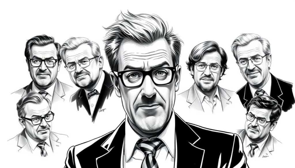 A sophisticated portrait gallery showcasing the varying net worth of Germany's most prominent comedians, rendered in a striking monochrome palette with subtle dashes of color. The centerpiece features a meticulously detailed sketch of the renowned entertainer Bully Herbig, surrounded by smaller vignettes depicting his comedic peers, their relative wealth and success visually juxtaposed through creative compositions and shading techniques. The overall atmosphere evokes an air of intrigue and discerning observation, inviting the viewer to contemplate the nuances of this celebrated entertainment cohort. Crisp, high-contrast lighting illuminates the scene, lending a sense of gravity and artful scrutiny to this insightful "Vermögensvergleich" of Deutschland's comedy elite.