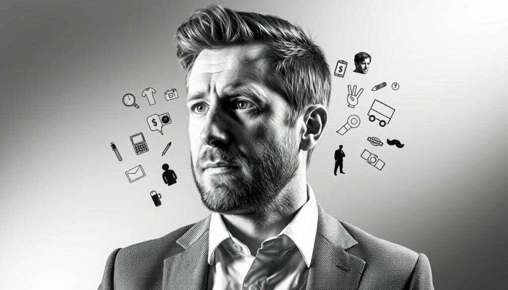 A sophisticated portrait of Luke Mockridge, the renowned German comedian, set against a minimalist, black-and-white backdrop with strategic pops of color. In the foreground, Mockridge's face is rendered in intricate detail, his expression conveying a pensive, contemplative mood. The middle ground showcases a visual representation of his diverse income streams, symbolized by various icons and silhouettes, all rendered in a consistent, hand-drawn aesthetic. The background is a seamless blend of gradients and textural elements, creating a sense of depth and atmosphere that complements the overall composition. The lighting is soft and directional, casting subtle shadows that accentuate the subject's features and the graphic elements. The overall tone is one of sophistication, creativity, and the pursuit of a multifaceted career. A sophisticated portrait of Luke Mockridge, the renowned German comedian, set against a minimalist, black-and-white backdrop with strategic pops of color. In the foreground, Mockridge's face is rendered in intricate detail, his expression conveying a pensive, contemplative mood. The middle ground showcases a visual representation of his diverse income streams, symbolized by various icons and silhouettes, all rendered in a consistent, hand-drawn aesthetic. The background is a seamless blend of gradients and textural elements, creating a sense of depth and atmosphere that complements the overall composition. The lighting is soft and directional, casting subtle shadows that accentuate the subject's features and the graphic elements. The overall tone is one of sophistication, creativity, and the pursuit of a multifaceted career.