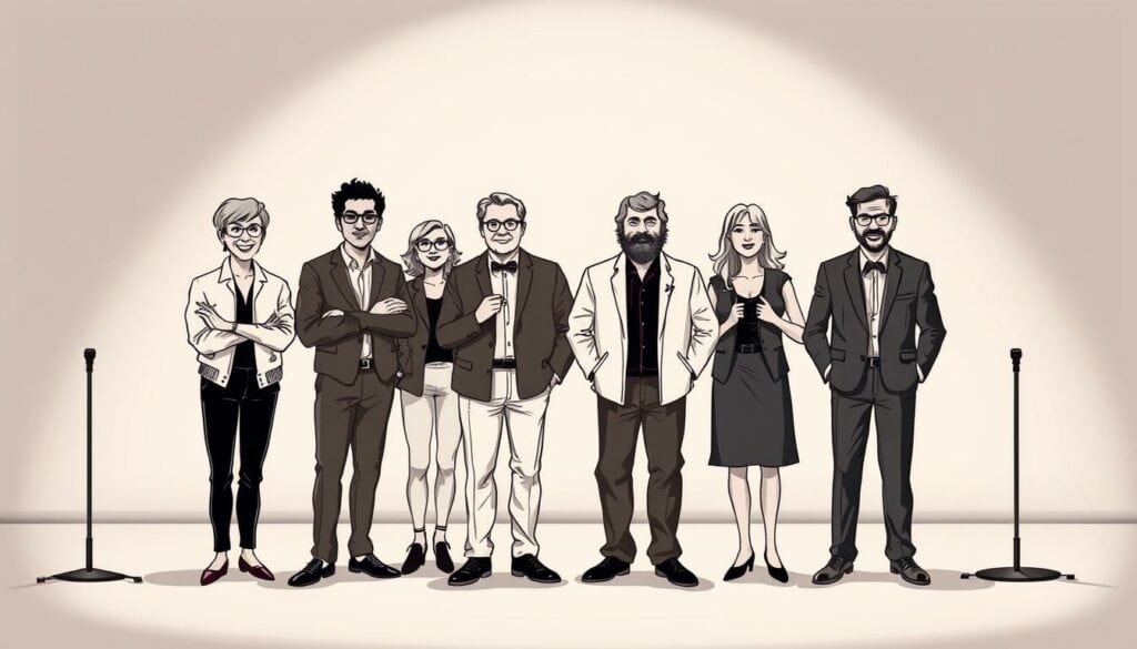 A stage-like setting featuring a group of well-known comedy performers standing side-by-side, dressed in black and white attire with subtle pops of color. The figures are rendered in a minimalist, sketch-like style, capturing their distinct personalities and comedic personas. The background is a simple, muted tone, allowing the performers to take center stage. Dramatic lighting casts dramatic shadows, highlighting the contrast between light and dark. The overall mood is one of artful restraint, inviting the viewer to focus on the essence of these comedy stars and their relative stature within the entertainment landscape.