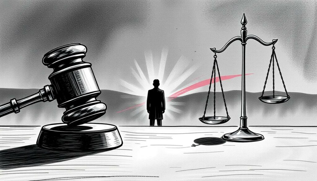 A stark, black and white illustration depicting the legal backdrop of false accusation. In the foreground, a gavel and scales of justice, their edges tinged with muted color, symbolize the formal judicial process. In the middle ground, a shadowy figure stands accused, their expression obscured, surrounded by an aura of uncertainty. The background is a hazy, graphite-like landscape, punctuated by streaks of vibrant hues that hint at the emotional turmoil and complex nuances of the legal matter at hand. The overall mood is one of somber contemplation, inviting the viewer to consider the gravity and unintended consequences of false allegations.