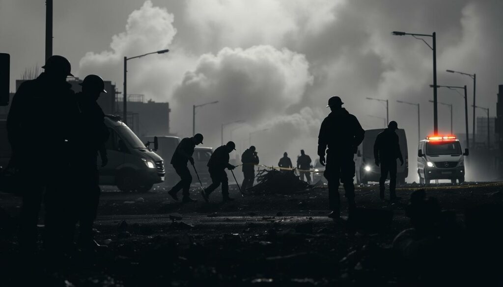 A stark, shadowy scene of a crime investigation unfolding after an explosive event. In the foreground, police officers in uniform meticulously comb the debris-strewn ground, their movements captured in grainy, high-contrast black and white. Midground, forensic investigators in protective gear examine the blast site, their work illuminated by the flickering lights of emergency vehicles. In the background, a hazy, smoke-tinged sky sets an ominous tone, punctuated by subtle, muted splashes of color - a flash of yellow caution tape, the glint of a camera lens. The overall composition conveys the intensity and urgency of the investigation, the search for answers amidst the chaos of the aftermath.