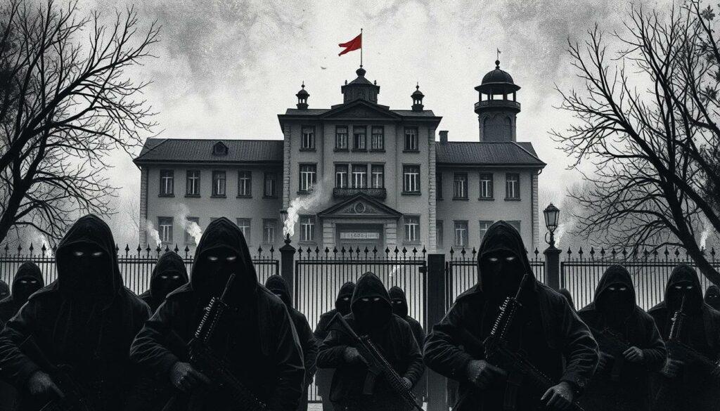A stark, shadowy scene of the historic RAF terrorist attack, rendered in moody black-and-white with strategic pops of color. In the foreground, a group of armed, hooded figures lurk, their faces obscured. In the middle ground, the imposing facade of the Weiterstadt prison looms, its barred windows and watchtowers casting ominous silhouettes. The background is shrouded in a hazy, uncertain atmosphere, hinting at the broader social and political upheaval of the era. The overall composition conveys a sense of tension, danger, and the weight of history, with a limited color palette that lends an air of gravity to the subject matter. A stark, shadowy scene of the historic RAF terrorist attack, rendered in moody black-and-white with strategic pops of color. In the foreground, a group of armed, hooded figures lurk, their faces obscured. In the middle ground, the imposing facade of the Weiterstadt prison looms, its barred windows and watchtowers casting ominous silhouettes. The background is shrouded in a hazy, uncertain atmosphere, hinting at the broader social and political upheaval of the era. The overall composition conveys a sense of tension, danger, and the weight of history, with a limited color palette that lends an air of gravity to the subject matter.