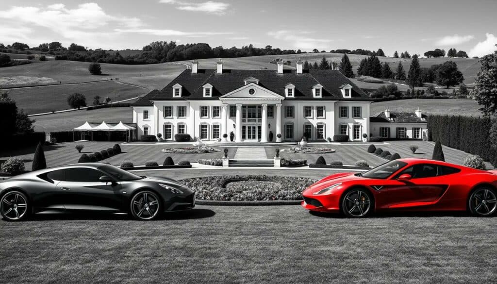 A stately manor set against a rolling landscape, its manicured lawns and pristine facade reflecting Lothar Matthäus' affluent lifestyle. Sleek, modern luxury cars in the foreground, their chrome accents and tinted windows hinting at the owner's taste for the finer things. Scattered throughout the scene, carefully placed splashes of color - a vibrant red sports car, a verdant garden, a deep azure pool - drawing the eye and adding depth to the monochromatic palette. The overall impression is one of effortless sophistication, a testament to Matthäus' success both on and off the pitch.