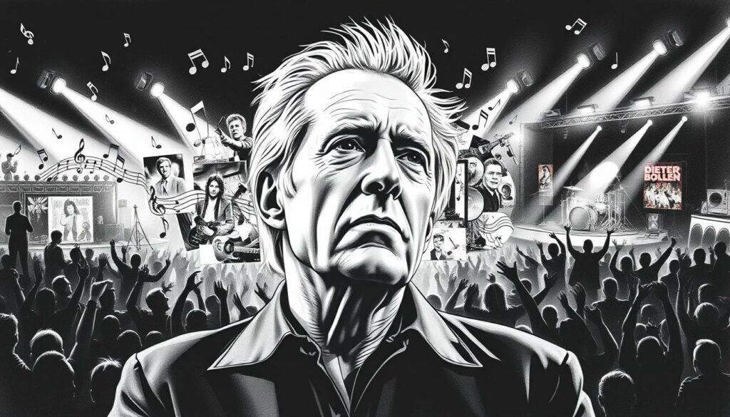 A striking black-and-white illustration of Dieter Bohlen's illustrious music career, with a focus on his iconic appearances and performances. In the foreground, a detailed portrait of Bohlen, captured in a pensive, contemplative pose, his face illuminated by dramatic chiaroscuro lighting. In the middle ground, a collage of musical notes, instruments, and album covers, representing the diverse genres and projects that have defined his prolific career. In the background, a sweeping panorama of concert stages, recording studios, and the silhouettes of adoring fans, conveying the scope and impact of his enduring influence on the music industry. The entire scene rendered in a striking black-and-white palette, with selective pops of color highlighting key elements, creating a visually striking and compelling representation of Bohlen's remarkable musical journey.