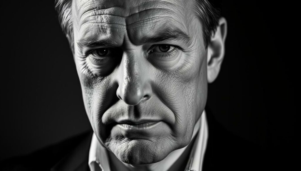 A striking black and white portrait of Wolfgang Urban, the former Karstadt department store executive, with subtle pops of color that accentuate his features. The scene captures his stoic expression, his gaze intense and focused, conveying a sense of quiet determination. The lighting is dramatic, casting sharp shadows that sculpt his face and highlight his strong jawline. The background is minimalist, allowing the subject to command the frame. Occasional flashes of color, perhaps in the form of a vibrant accessory or a touch of color in the clothing, add depth and visual interest to the otherwise monochromatic composition.