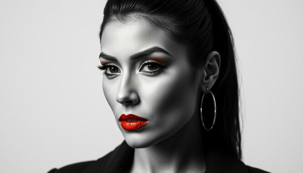 A striking monochromatic portrait of the influential German singer, songwriter, and media personality Shirin David, capturing her multifaceted career and diverse income sources. Against a minimalist backdrop, her focused gaze commands attention, with selective color accents drawing the eye to key visual elements - her signature sleek hairstyle, bold makeup, and stylish attire hinting at her fashion influence and entrepreneurial endeavors. Precise, high-contrast lighting sculpts her features, evoking a sense of strength, ambition, and creative vision that has propelled her to success across various entertainment and business ventures.