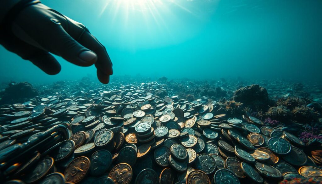 A stunning undersea treasure trove, a glimmering hoard of ancient gold and silver coins spilled across the ocean floor. Sunlight filters through the cerulean depths, casting a warm glow on the scattered bounty. Intricate detail of weathered, pitted metal surfaces, each coin a testament to a bygone era. In the foreground, a diver's gloved hand reaches out, fingertips grazing the precious cache. The middle ground reveals a sprawling, undulating seabed, adorned with vibrant coral and swaying kelp. The background fades into a hazy, indistinct blue, hinting at the vast, mysterious expanse of the deep. Rendered in striking black and white, with subtle pops of color highlighting the metallic luster of the coins.