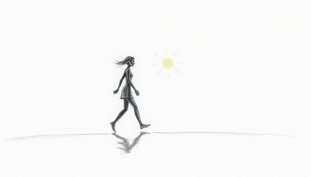 A sun-kissed silhouette stepping forth, leaving behind the shadows of the past. Soft graphite lines sketch a figure in motion, untethered and unafraid. Splashes of color highlight new beginnings - a vibrant palette of hope, an unfolding journey. The scene is cast in a contemplative hue, inviting the viewer to witness this Neuanfang nach Trennung. Delicate pencil strokes capture the essence of reinvention, a blank canvas ready to be filled with dreams. Minimalist yet evocative, this image reflects the quiet strength and resilience of moving forward.