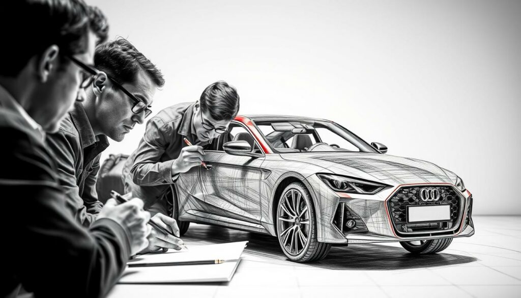 A team of expert automotive appraisers, meticulously examining a vehicle from every angle, their pencils capturing every detail in precise black-and-white sketches, punctuated by vibrant splashes of color highlighting key components. The foreground features the attentive team, their focus unwavering as they assess the car's condition, while the middle ground showcases the vehicle itself, its form rendered in intricate line work. The background blurs into a minimalist setting, allowing the team's expertise and the car's features to take center stage, conveying a sense of professionalism and technical expertise. A team of expert automotive appraisers, meticulously examining a vehicle from every angle, their pencils capturing every detail in precise black-and-white sketches, punctuated by vibrant splashes of color highlighting key components. The foreground features the attentive team, their focus unwavering as they assess the car's condition, while the middle ground showcases the vehicle itself, its form rendered in intricate line work. The background blurs into a minimalist setting, allowing the team's expertise and the car's features to take center stage, conveying a sense of professionalism and technical expertise.