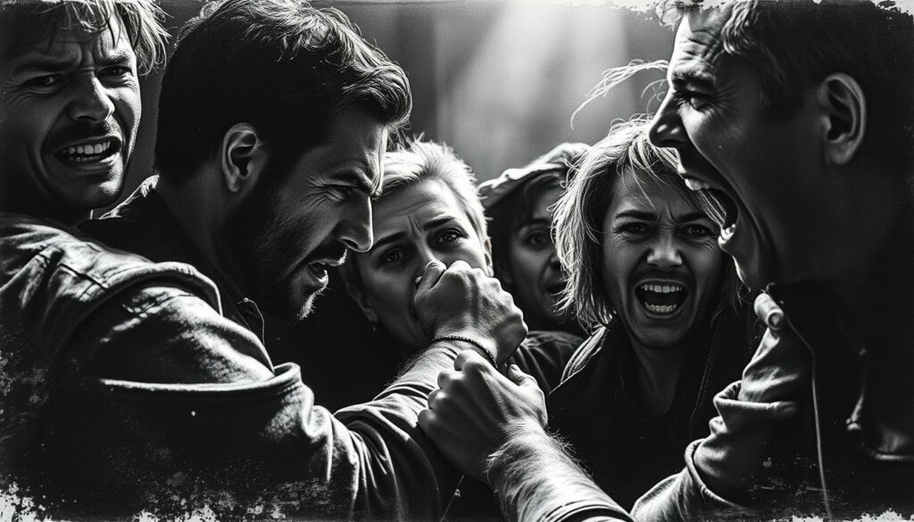 A tense, emotional backstage scene unfolds, with figures in dramatic poses, faces etched with conflict and anguish. Shadows and highlights create a striking chiaroscuro effect, drawing the viewer's eye to the raw, unguarded moments transpiring. Splashes of color, like tear-filled eyes or clenched fists, punctuate the monochrome palette, heightening the visceral intensity. The composition is framed with a cinéma vérité sensibility, capturing the chaos and vulnerability of the subjects. An atmosphere of turmoil and high-stakes drama permeates the image, reflecting the charged, off-screen dynamics.