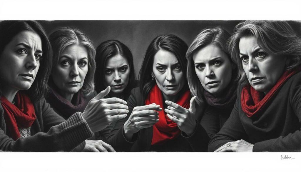 A tense family gathering, the women at the center of a bitter conflict. Somber expressions, hands gesturing, emotions palpable. Graphite shadows cast across furrowed brows, a spotlight illuminating the drama. Muted tones with bold splashes of color - a red scarf, a piercing gaze. Intimate angles capture the familial intimacy and discord. Subtle details reveal the complex roles and relationships. An atmospheric scene conveying the weight of the Beckham-Zwist, the women's part in the Familienkonflikt. A tense family gathering, the women at the center of a bitter conflict. Somber expressions, hands gesturing, emotions palpable. Graphite shadows cast across furrowed brows, a spotlight illuminating the drama. Muted tones with bold splashes of color - a red scarf, a piercing gaze. Intimate angles capture the familial intimacy and discord. Subtle details reveal the complex roles and relationships. An atmospheric scene conveying the weight of the Beckham-Zwist, the women's part in the Familienkonflikt.