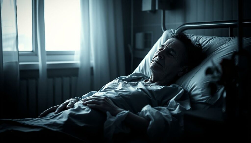 A terminally ill Virginia Giuffre lies in a hospital bed, her face etched with pain and weary resignation. Dim light filters through a window, casting a somber glow on the scene. The stark, monochromatic tones of the room are punctuated by flashes of color - the faint blue of her hospital gown, the sickly pallor of her skin, the crimson of a single rose in a vase by her bedside. The atmosphere is heavy with the weight of her final days, a poignant tableau that captures the tragedy of her story.