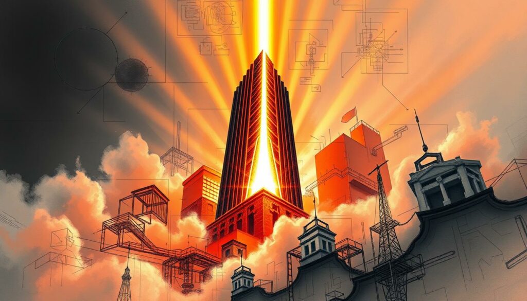 A towering, sleek silhouette of cutting-edge silicon technology, the AMD logo emerges from a storm of architectural sketches and computational diagrams. Rays of amber light pierce through a haze of circuitry, illuminating the company's transition from niche player to industry heavyweight. Intricate schematics and prototype models lend a sense of depth, while bold strokes of color highlight the brand's ascent to the forefront of the AI revolution. The composition conveys a dynamic, forward-looking energy, reflecting AMD's rise to prominence in the KI-Schwergewicht landscape.
