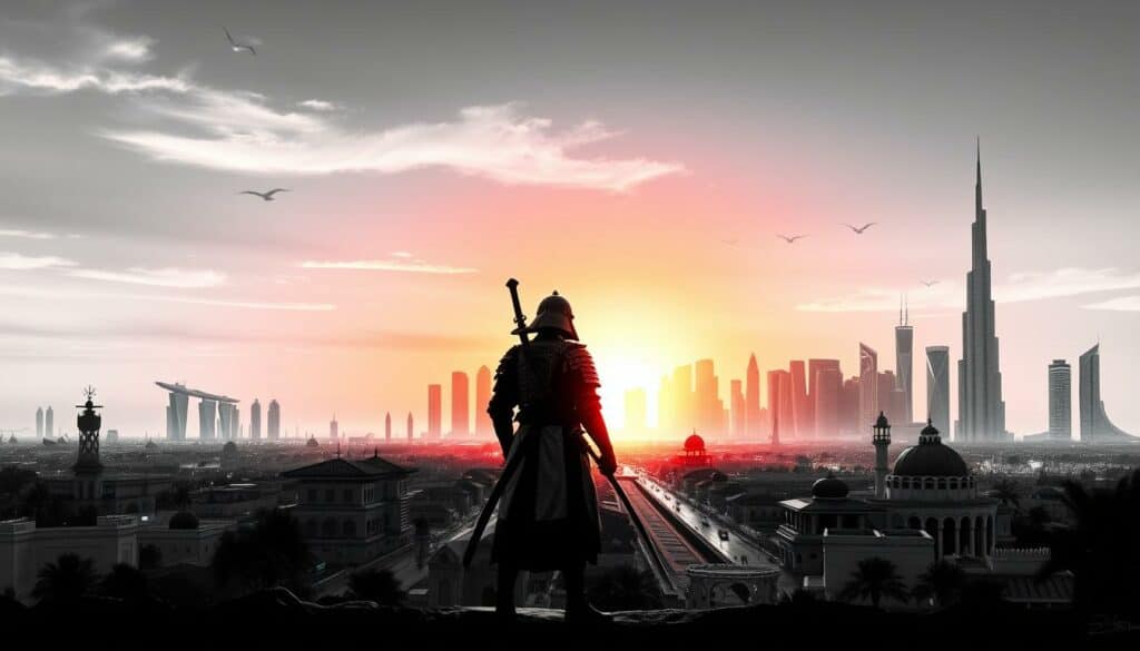 A tranquil vista of a bustling Dubai skyline, juxtaposing the traditional Bushido ideals with the futuristic metropolis. In the foreground, a lone samurai warrior stands, his sword sheathed, contemplating the city's rapid transformation. The middle ground features a blend of modern skyscrapers and traditional Arabic architecture, creating a visually striking contrast. The background is dominated by a vibrant sunset, casting a warm, golden glow over the scene. The image is rendered in a black and white palette, with selective splashes of color accentuating key elements - the warrior's armor, the city lights, and the setting sun. The overall mood is one of contemplation, as the viewer is invited to ponder the intersection of ancient wisdom and modern progress.