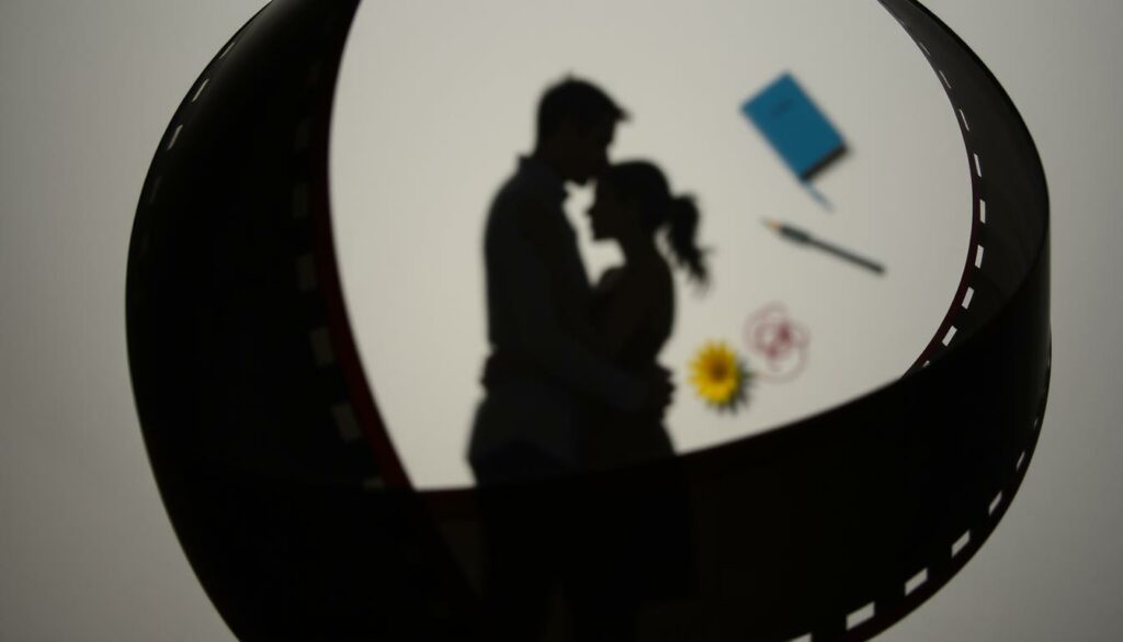 A vintage film reel unspooling, its celluloid strips separating, casting shadows that blend into the real world. In the foreground, a couple embracing, their figures blurred, their identities obscured. The background fades into shades of grey, with splashes of color - a red thread, a blue book, a yellow flower - hinting at the complexities of life beyond the reel. The lighting is dramatic, with stark contrasts and a sense of depth, creating a sense of tension between the projected and the actual. The overall composition suggests the delicate balance between one's public persona and private self.