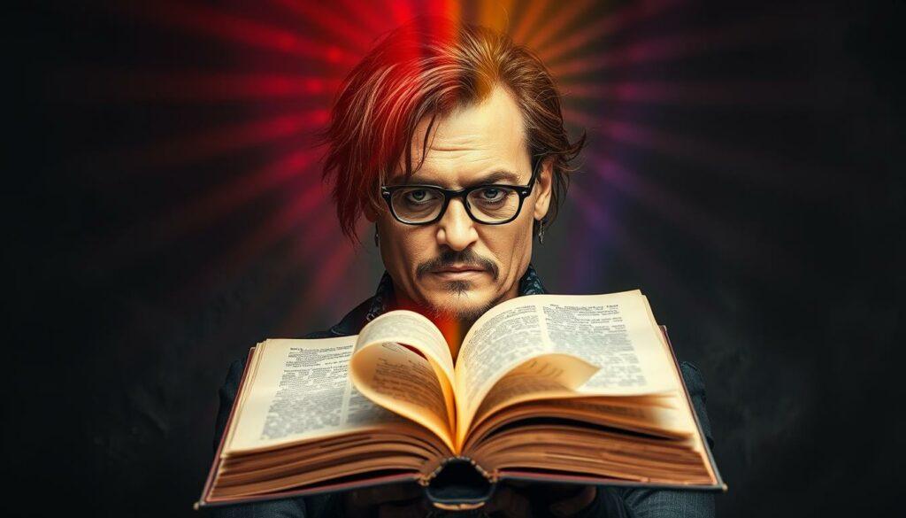A weathered Johnny Depp, once the darling of Hollywood, stands solemnly amidst a charcoal-gray backdrop, his features etched with a mix of determination and a hint of regret. Rays of vibrant color, like shafts of hope, pierce through the somber scene, casting a warm glow upon his face as he turns the page on a new chapter. In the foreground, a vintage-inspired book, its pages fluttering, symbolizes the timeless tales he will once again bring to life. The composition, balanced with precision, conveys the essence of Depp's journey - from the shadows of scandal to the spotlight of redemption, a classic Dickensian tale of resilience and reinvention. A weathered Johnny Depp, once the darling of Hollywood, stands solemnly amidst a charcoal-gray backdrop, his features etched with a mix of determination and a hint of regret. Rays of vibrant color, like shafts of hope, pierce through the somber scene, casting a warm glow upon his face as he turns the page on a new chapter. In the foreground, a vintage-inspired book, its pages fluttering, symbolizes the timeless tales he will once again bring to life. The composition, balanced with precision, conveys the essence of Depp's journey - from the shadows of scandal to the spotlight of redemption, a classic Dickensian tale of resilience and reinvention.