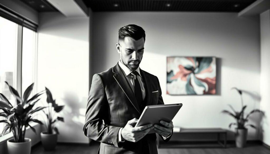 A well-dressed businessman with a sharp, angular face stands in an elegant office, his gaze fixed on a tablet in his hands. The sparse, minimalist interior is bathed in cool, subdued lighting, with splashes of color in the form of lush potted plants and a vibrant abstract painting on the wall. The man's sharp suit and poised expression convey a sense of confidence and financial acumen, hinting at the diverse income streams and investments that fuel his wealth. The image is rendered in a striking black-and-white palette, with carefully placed pops of color to draw the eye and suggest the multi-faceted nature of his financial endeavors.