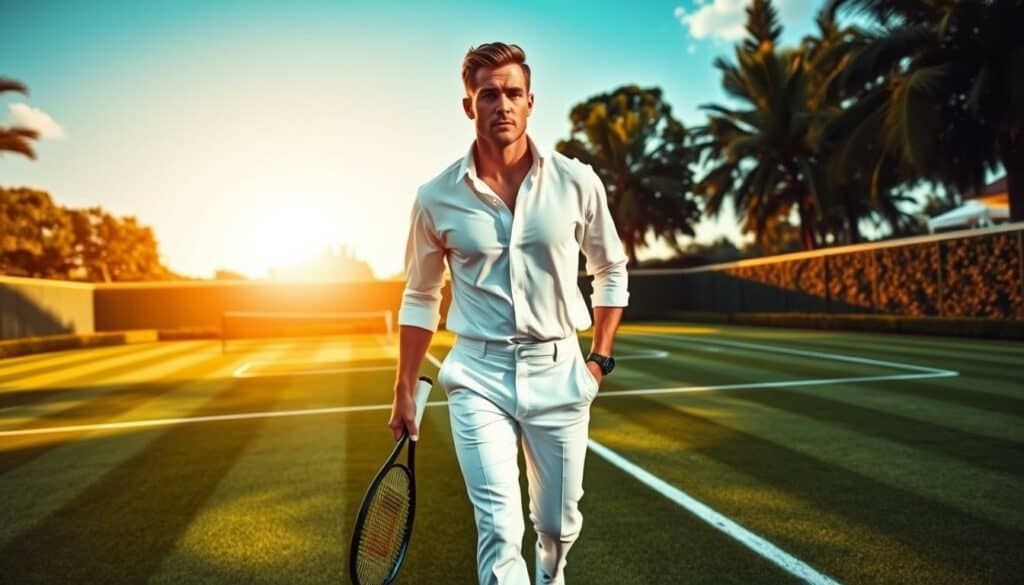 A well-dressed tennis player strides across a lush, manicured court, his crisp white attire and sleek racket a testament to his luxurious lifestyle. The sun casts a warm, golden glow, illuminating the intricate details of his pristine outfit - from the tailored trousers to the meticulously pressed shirt, all rendered in a striking black and white palette. Splashes of color, like the vibrant green of the court or the player's piercing blue eyes, add subtle yet impactful accents, heightening the sense of refined sophistication. The scene exudes an air of effortless elegance, capturing the essence of the tennis-playing elite and their lavish, glamorous world.